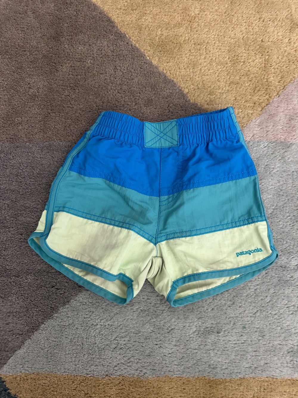 Patagonia Blue, Teal & Lime Kids Stripe Athletic Shorts